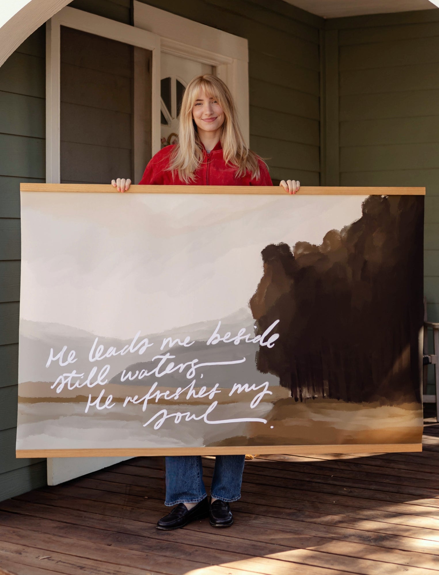 Large Canvas with Banner Wood: He leads me besides still waters