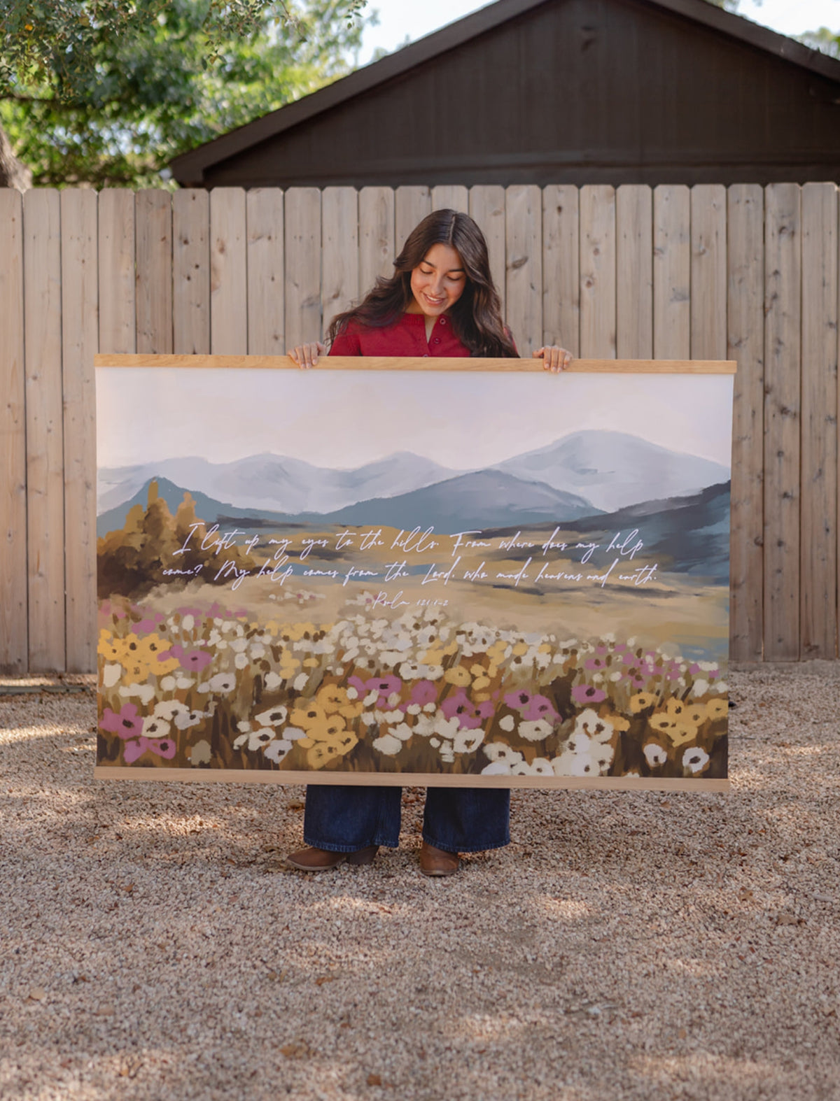 Large Canvas with Banner Wood: I lift up my eyes